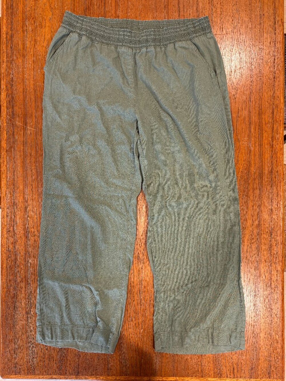 Briggs linen summer pants, elastic waist, pockets, lt olive green khaki, size XL